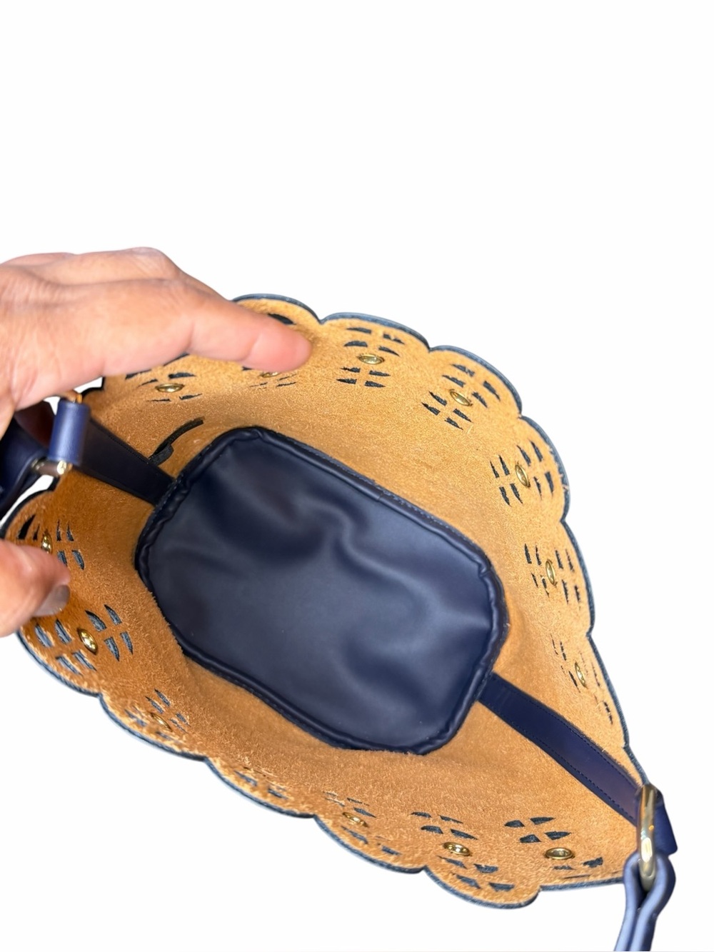Stella & Dot Navy Laser-Cut Bucket Crossbody - Picture 3 of 5